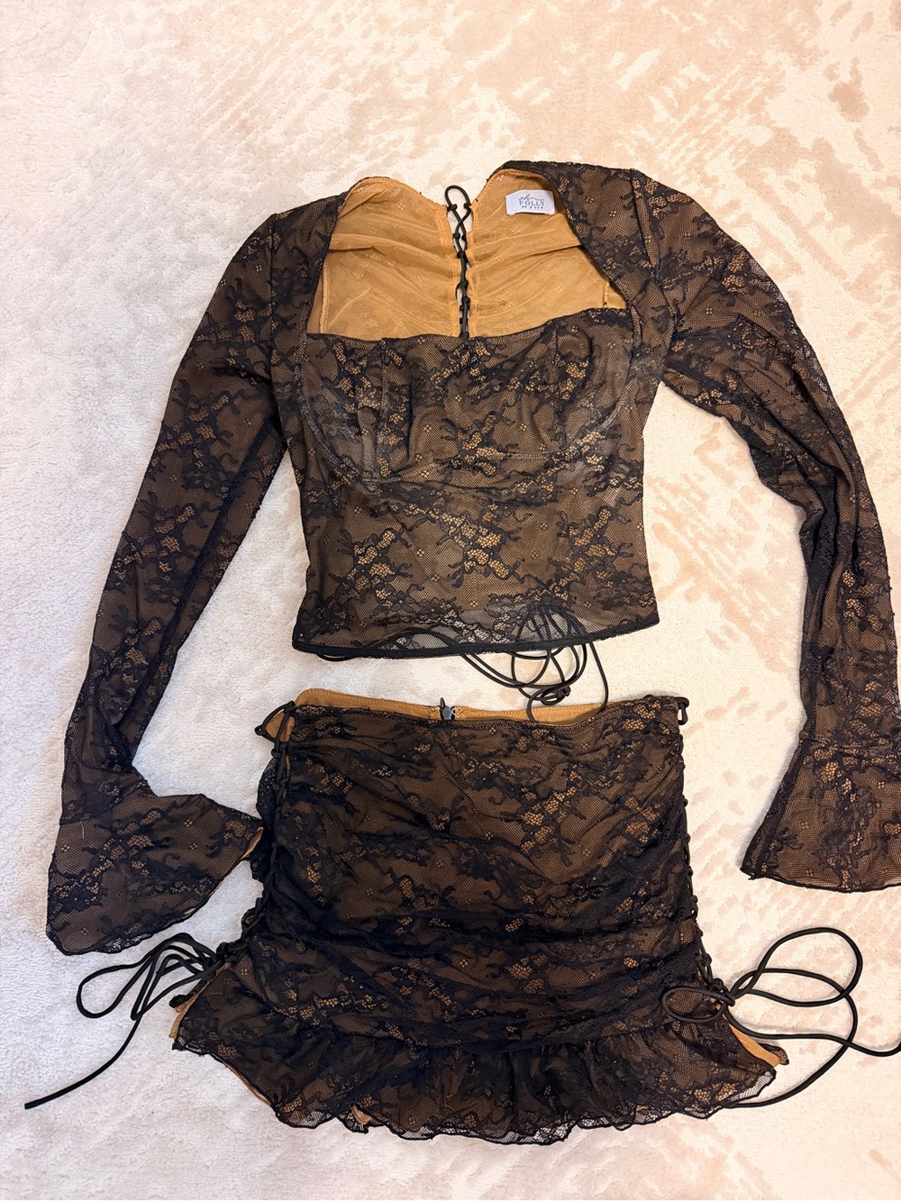 Oh Polly Black Lace Crop Top & Tan Lined Mini Skirt - Picture 5 of 8